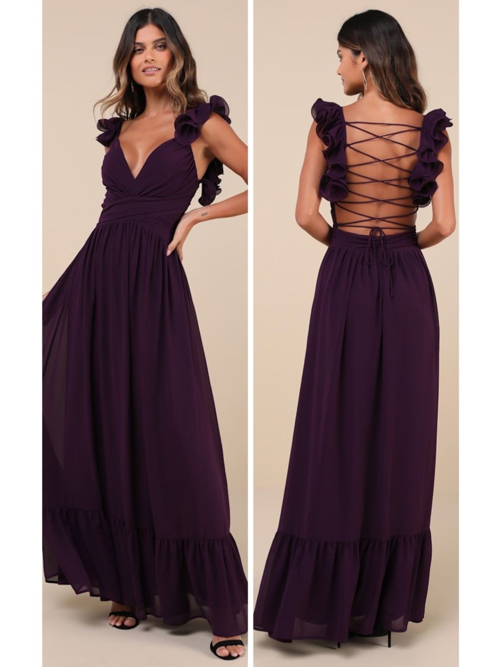 Lulus Soiree Celebration Purple Ruffled Lace-Up Maxi Dress Size XL Formal
